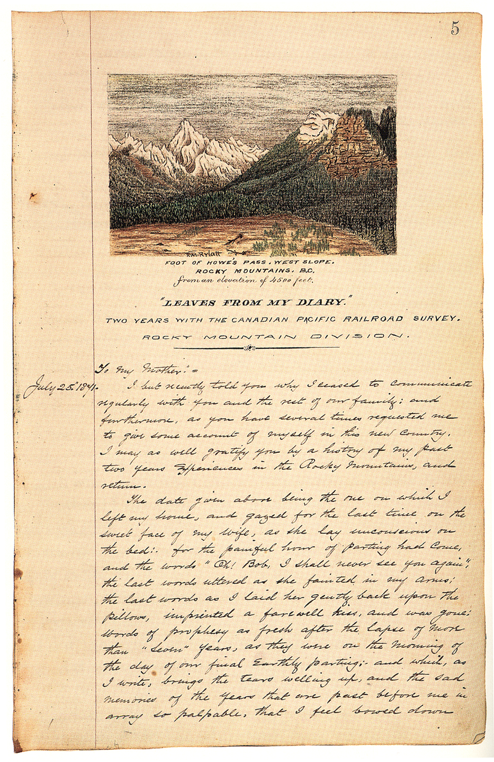 The first page of Robert M. Rylatt’s journal. The page consists of a hand drawn and coloured image of a mountain scene with handwritten text in black ink below it.