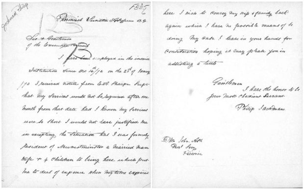 A facsimile of a handwritten letter addressed to the Executive Council signed by Philip Jackman. The letter expresses Jackman’s dismay to being terminated from the Lunatic Asylum.