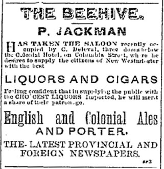 A newspaper clipping of an advertisement for The Beehive Saloon in the February 28, 1880 issue of the Mainland Guardian. The advertisement states that the saloon, which was recently purchased by P. Jackman, sells liquor, cigars, and newspapers.