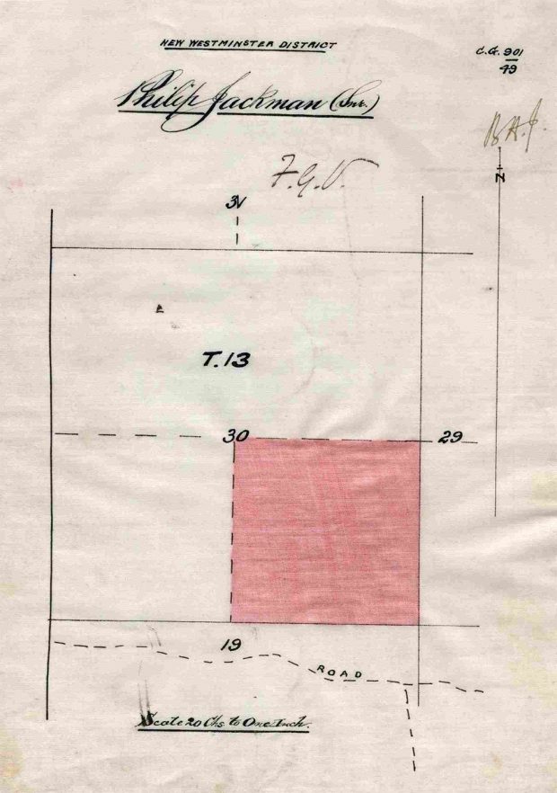 A government document with a diagram of Philip Jackman’s plot of land in Aldergrove. The document shows a pink square parcel of land inside of a larger square. Above the diagram is handwritten text that reads, “Philip Jackman (Snr.).”