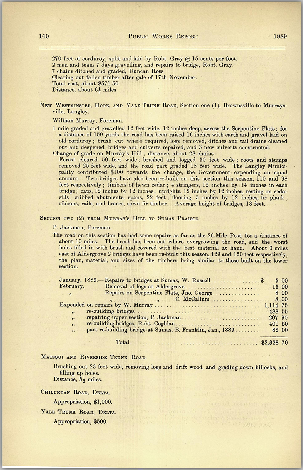 A public works report that describes work completed in New Westminster, Hope, Yale, Brownsville, Murraysville, and Langley. The document lists Philip Jackman as the foreman for work done on a section of road that runs from Murray’s Hill to Sumas Prairie.