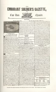 Un facsimilé de 1907 de la première page du numéro du 15 janvier 1859 du journal écrit à la main The Emigrant Soldiers’ Gazette and Cape Horn Chronicle.  
