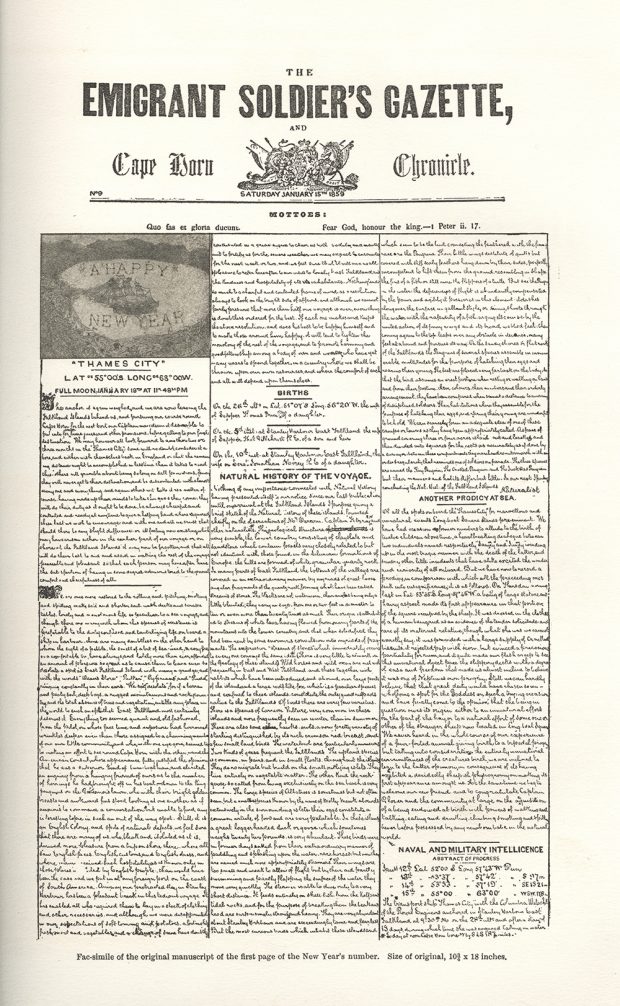 A 1907 facsimile of the first page of an original, handwritten issue of The Emigrant Soldiers’ Gazette and Cape Horn Chronicle from January 15, 1859.