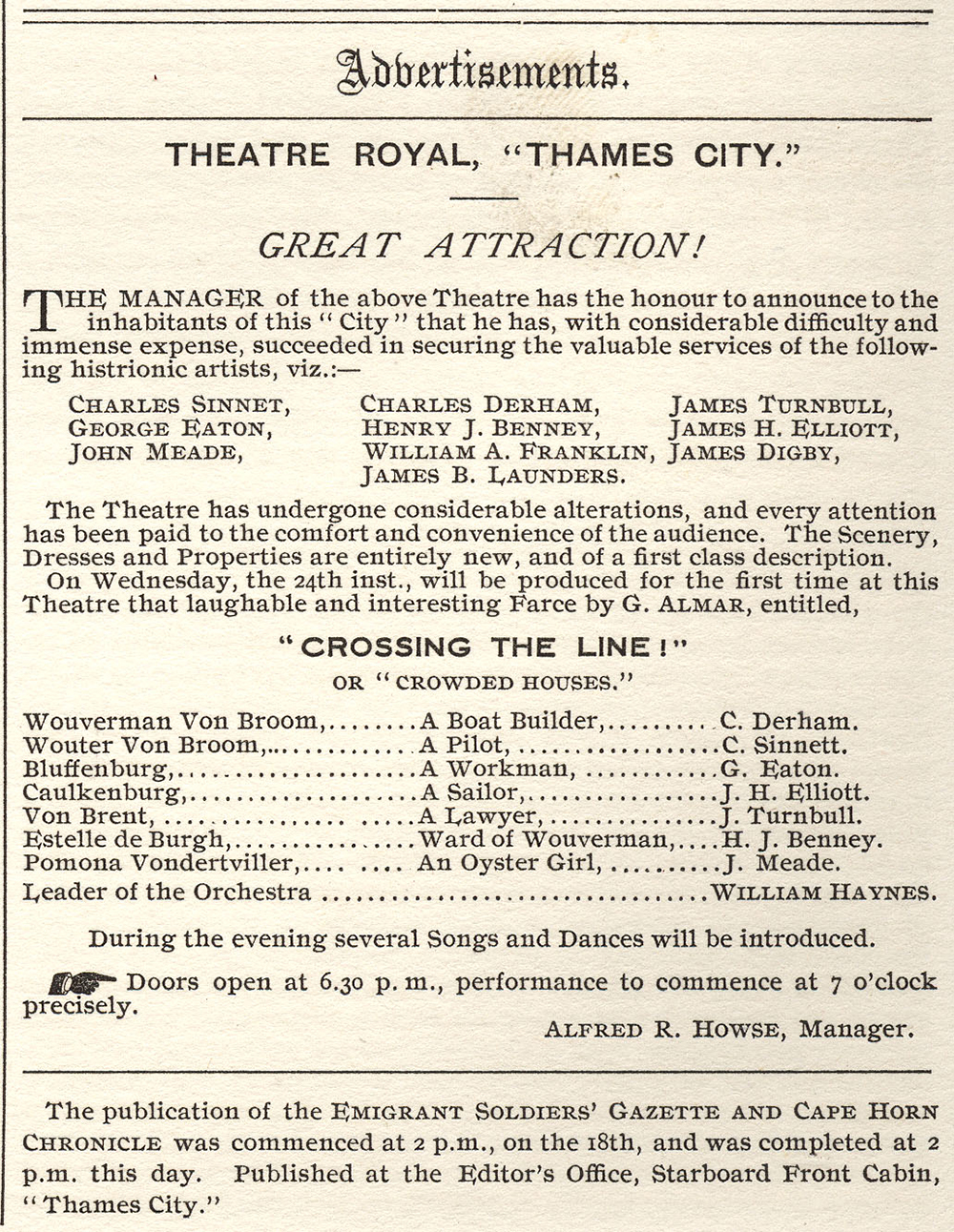 An advertisement for the Theatre Royal from The Emigrant Soldiers’ Gazette and Cape Horn Chronicle. It lists the names of performers in the upcoming play titled, “Crossing the Line! or Crowded Houses.”