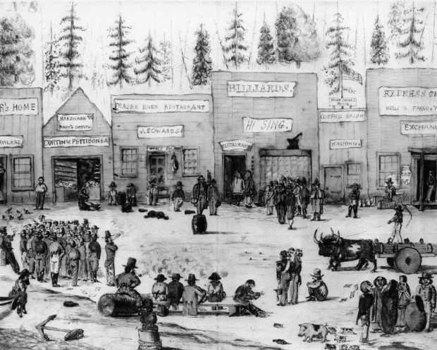 A hand drawn scene of the Derby townsite, circa 1859. The image shows a crowded commercial area with a row of various businesses in the background. People are standing around listening to a speaker, who is standing on a barrel in the centre of the image.