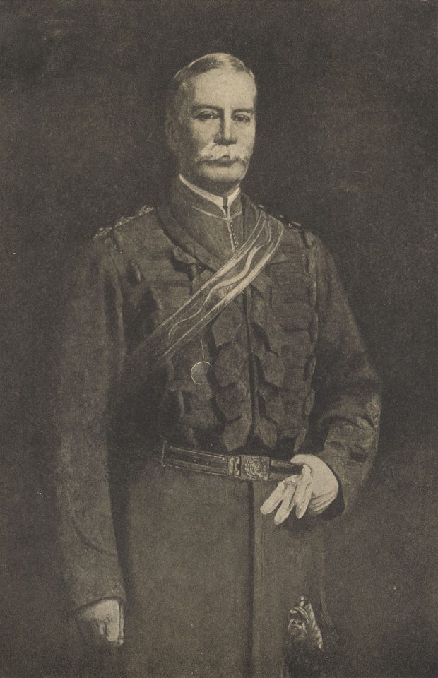 A portrait of Captain James Marshall Grant wearing a formal military outfit. Grant has a sash wrapped around his left shoulder which goes to his right hip. He is wearing a light coloured glove on his left hand which is holding on to his belt and another glove. His right hand is clenched at his side.