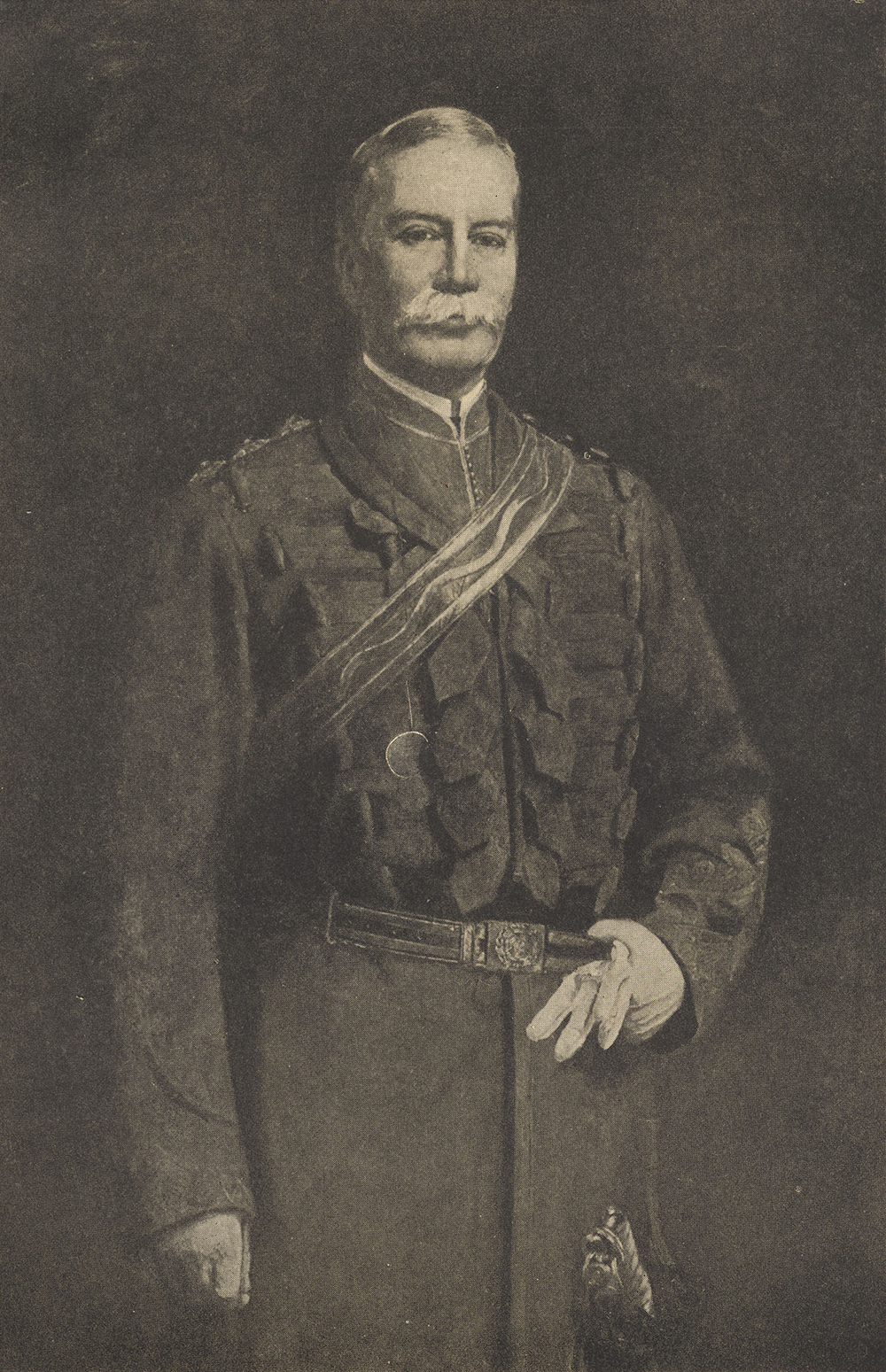 A portrait of Captain James Marshall Grant wearing a formal military outfit. Grant has a sash wrapped around his left shoulder which goes to his right hip. He is wearing a light coloured glove on his left hand which is holding on to his belt and another glove. His right hand is clenched at his side.