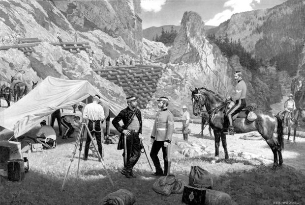 A painting of Royal Engineers and labourers constructing the Cariboo Road along a river canyon in 1862. There is a group of men under a canvas tent on the left side of the image, two Royal Engineers facing each other in the centre, and two men on horseback on the right side of the image. A wooden trestle bridge is being built in the background.