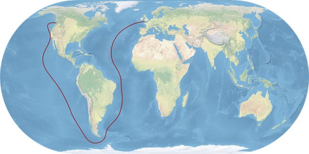 A horizontal capsule shaped map of the world that has a red line illustrating the voyage path of the Tynemouth. A line starts from south England, goes across the Atlantic Ocean and around the southern tip of South America, leading north through the Pacific Ocean to Vancouver Island.