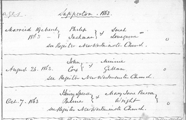 A facsimile of a handwritten marriage register page that documents three marriages that occurred in Sapperton in 1863.