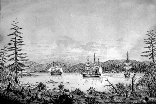 A black and white illustration of the bay at Esquimalt in 1862. The bay is shown from a low perspective along the shore. There are three European ships anchored in the bay with a rolling mountain landscape in the background.