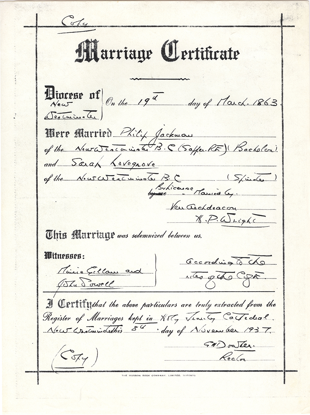 A marriage certificate facsimile for Philip Jackman and Sarah Ann Lovegrove, which was drafted in New Westminster, British Columbia. The certificate notes the date, location, officiant, and witnesses from the wedding ceremony.