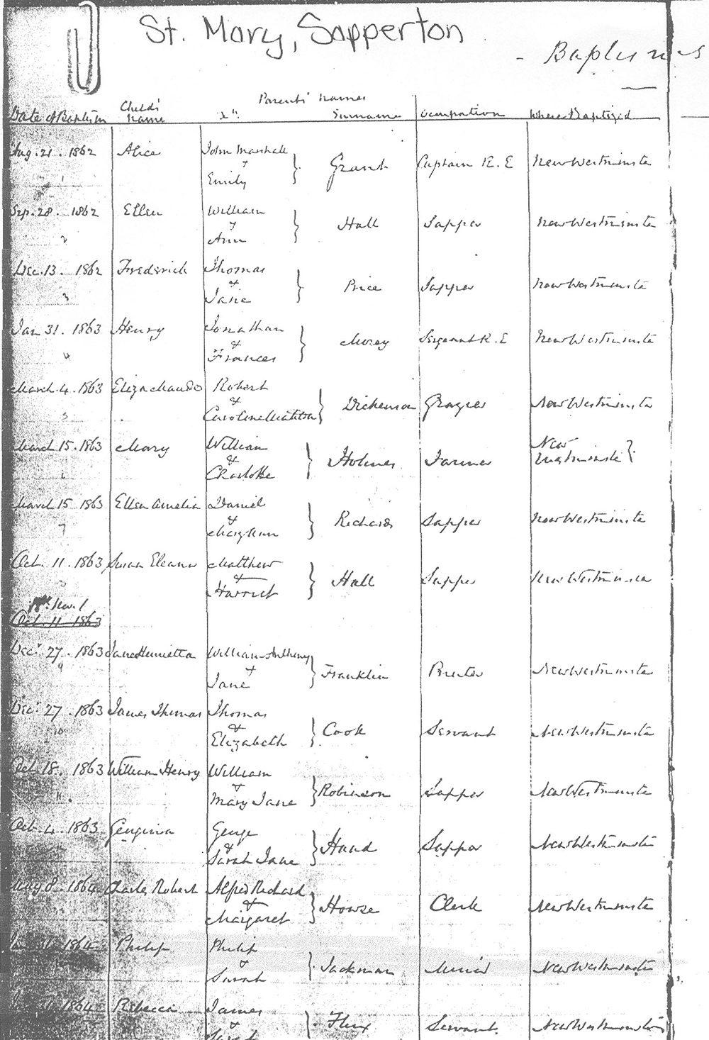 A facsimile of an 1864 baptismal record from St. Mary’s church in Sapperton. It documents the date of birth of Philip Jackman Jr., and lists Philip and Sarah Jackman as parents.