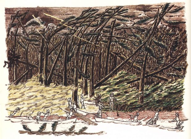A hand drawn and coloured image depicting men in canoes landing on shore. The shore is lined with bushes and a dense forest of trees that are being blown over and struck by lightning.