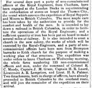 An 1858 newspaper clipping from The Cork Daily Reporter. The report discusses the departure of Royal Engineers and non-commissioned officers to Canada with their plans to begin development of a railway in British Columbia.