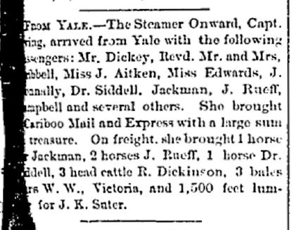 A newspaper clipping from the August 10, 1872 issue of the Mainland Guardian that lists Philip Jackman as having travelled from Yale to New Westminster on the steamship Onward.