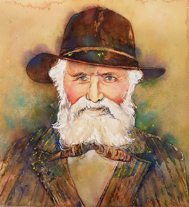 A watercolour bust portrait painting of a bearded elderly man wearing a brown brimmed hat.