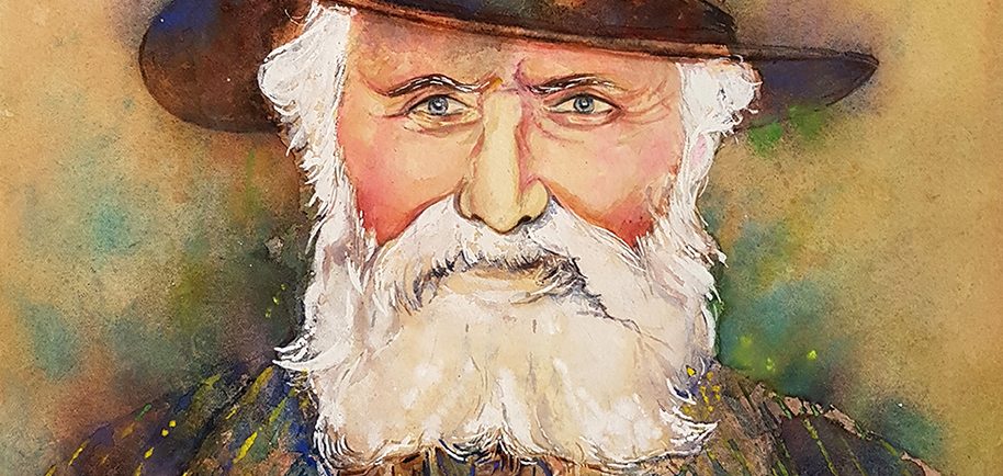 A watercolour bust portrait painting of a bearded elderly man wearing a brown brimmed hat.