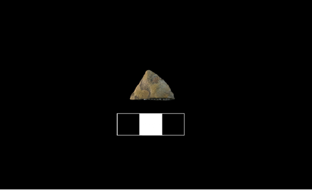 Fragment of a stone tool made with grey chert that has been modified on both sides.