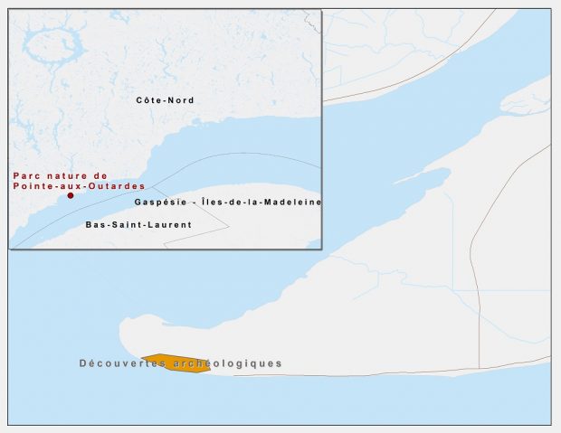 Map locating the discovery area on Pointe et Pointe-aux-Outardes in eastern Quebec