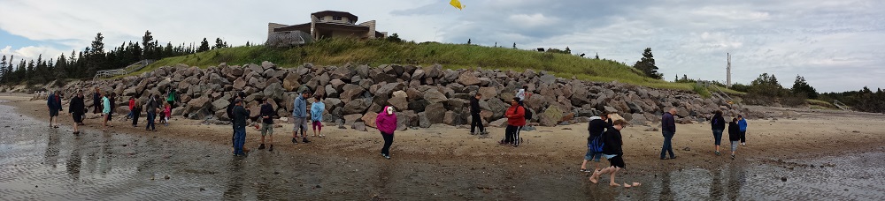 Several people walking along the beach below a building