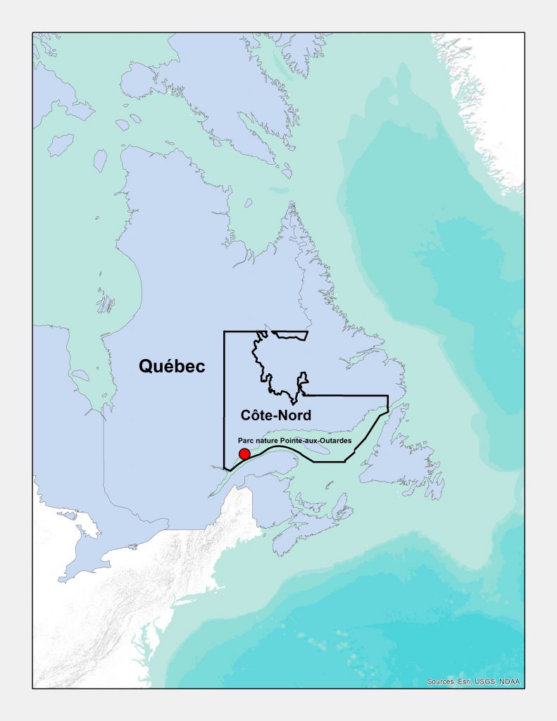 Map of Quebec situating the Cote nord and the parc nature of pointe aux outardes