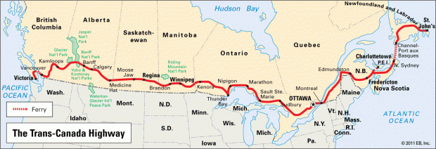 A map of Canada with a red line indicating the Trans-Canada Highway