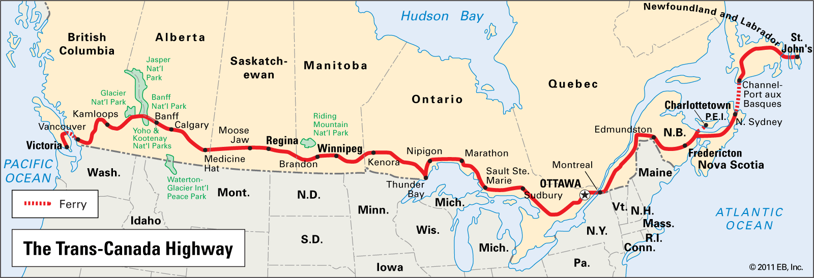 A map of Canada with a red line indicating the Trans-Canada Highway