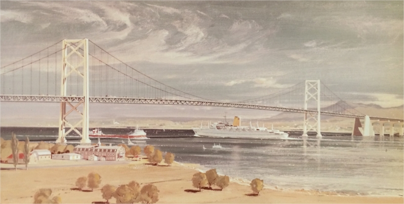 A sketch of a bridge with a boat passing under it and a building in the background