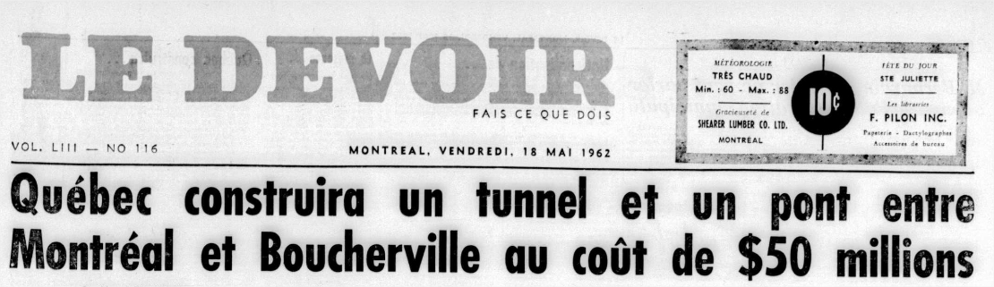 Manchette du Devoir annonçant la construction du pont-tunnel.