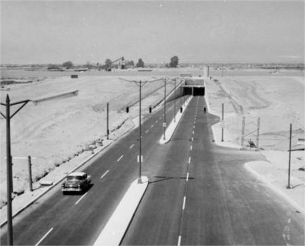 A car exiting a tunnel