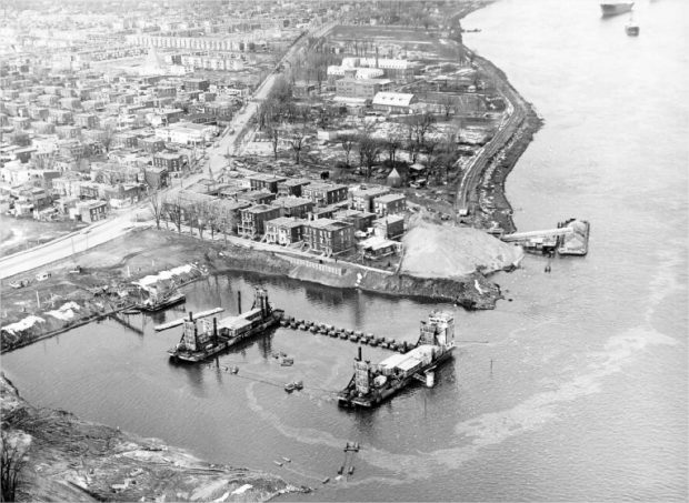 A barge near a city