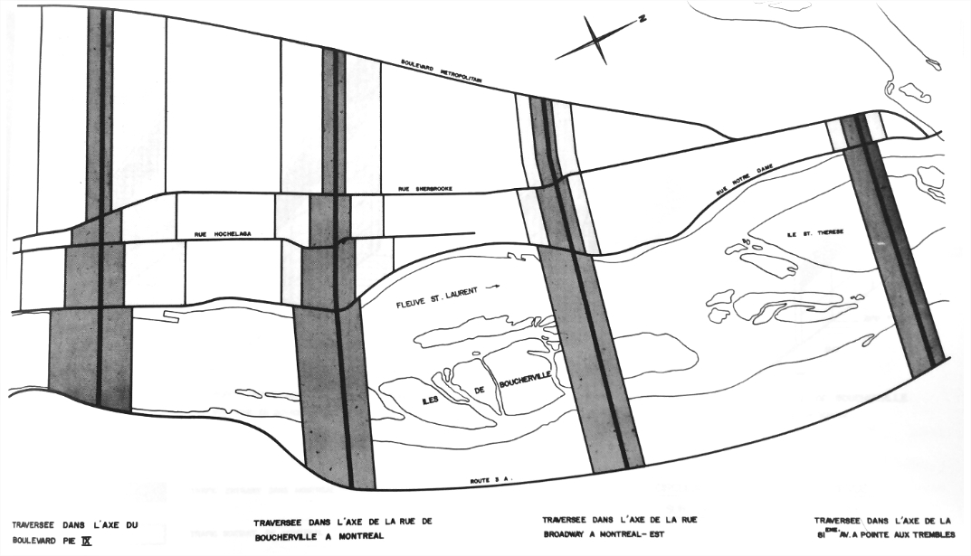 Une carte représentant des axes de traversée entre deux rives