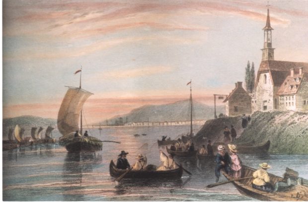 Painting of people in rowboats near a town on a headland, 1839