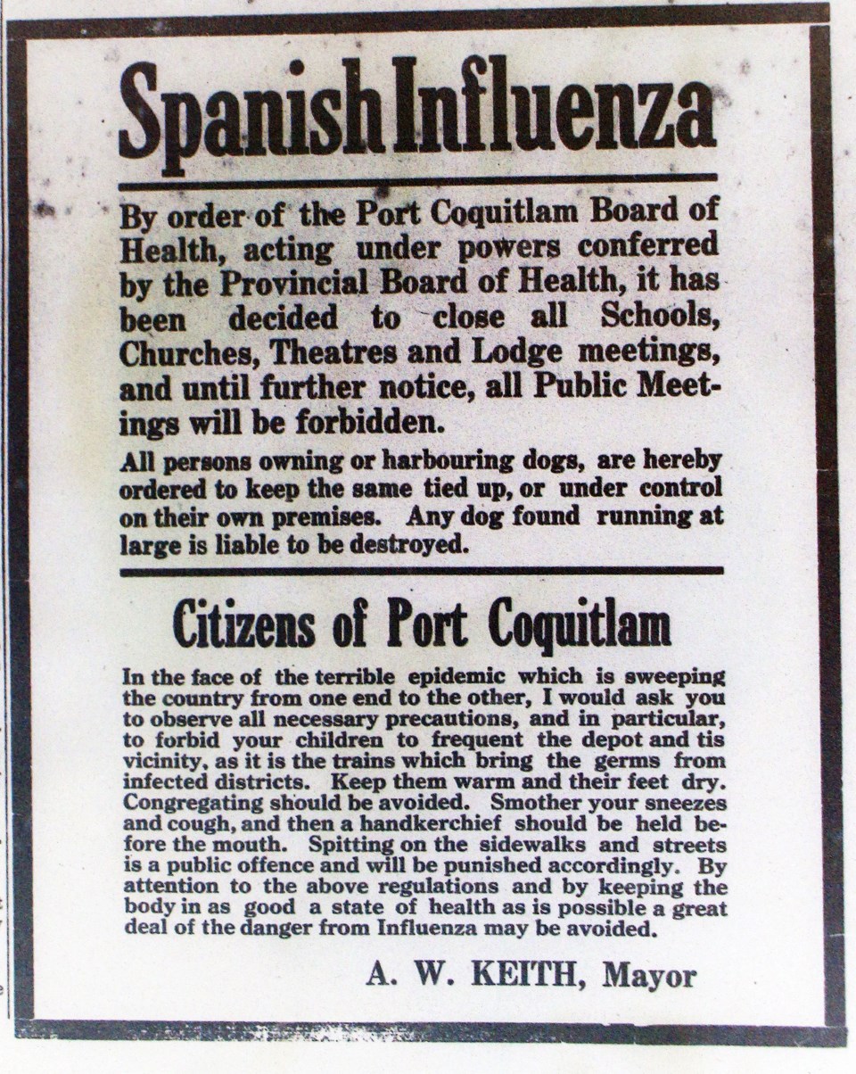 A newspaper notice discussing the Spanish flu epidemic and restrictions