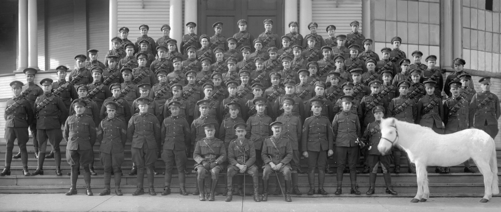 Un grand groupe de soldats en uniforme posent devant la caméra.