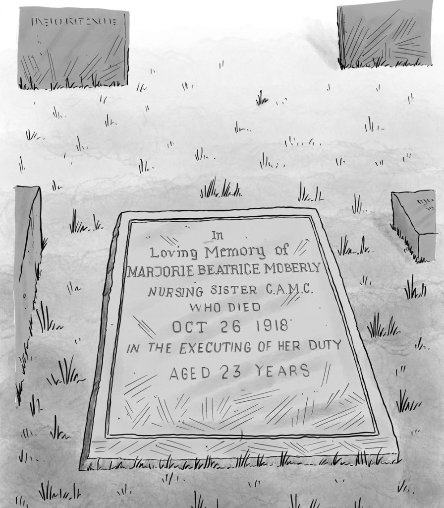 Close-up illustration of an inscribed gravestone for nurse Marjorie Moberley