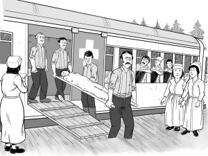 Illustrated scene of men carrying a person on a stretcher from a train