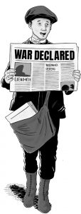 Illustration d’un garçon tenant un journal sur lequel on peut lire “guerre déclarée”
