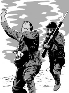 Illustration de deux soldats entourés de gaz, l’un porte un masque et l’autre étouffe.