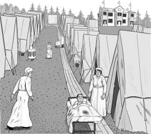 Illustration of nurses and stretchers between two rows of tents outside Aggie Hall