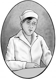 Illustrated portrait of a woman wearing a white nurse’s coat and hat