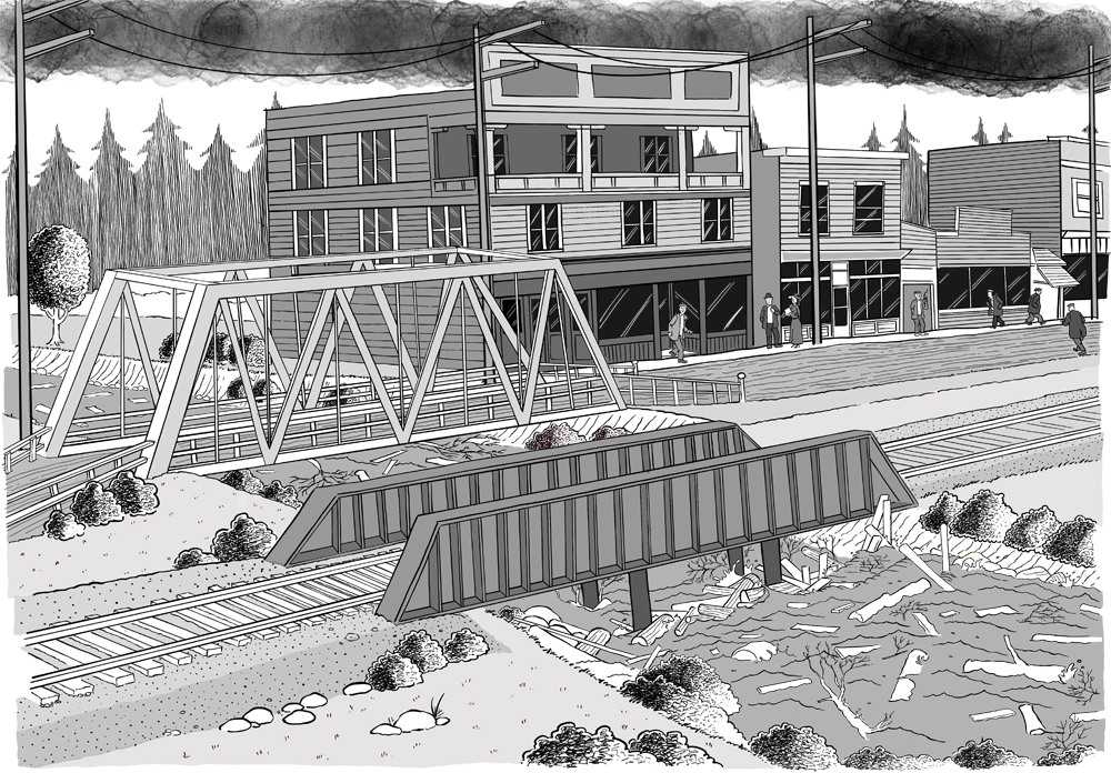 Illustration of two bridges side-by-side with logs underneath
