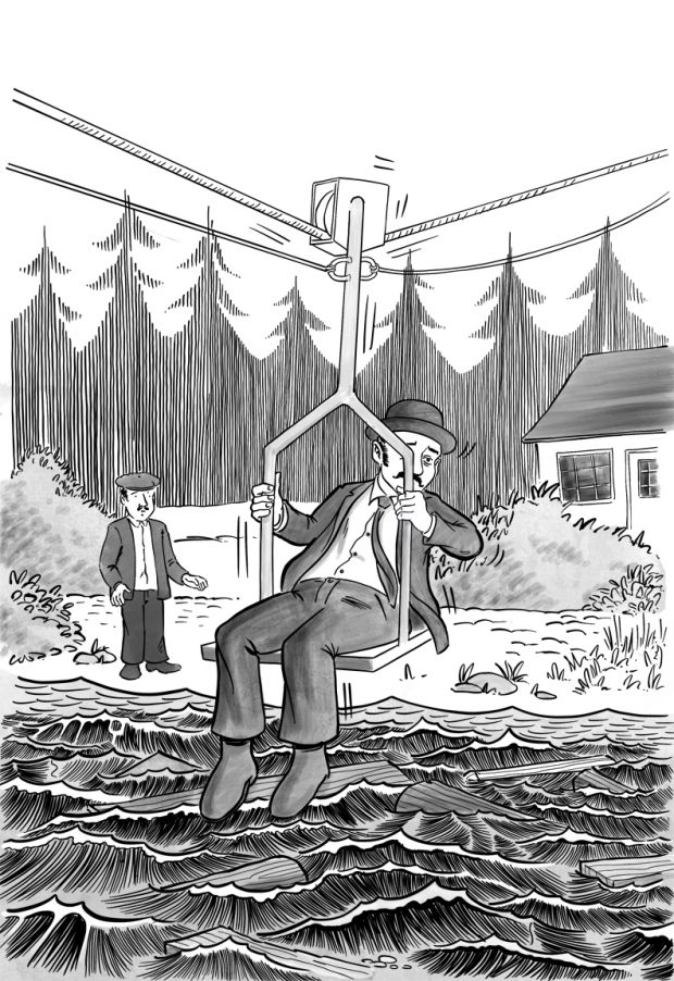 Illustration of Mayor Mars on a chair suspended by cables above a river