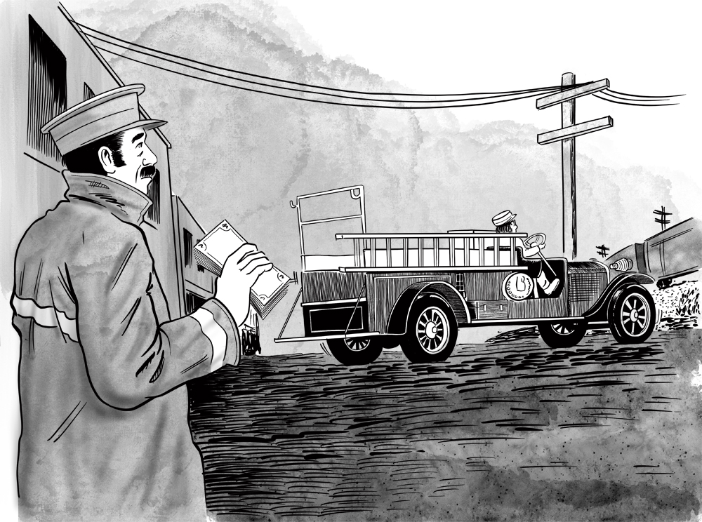 Illustrated man holding money in his hand watching a fire truck drive away
