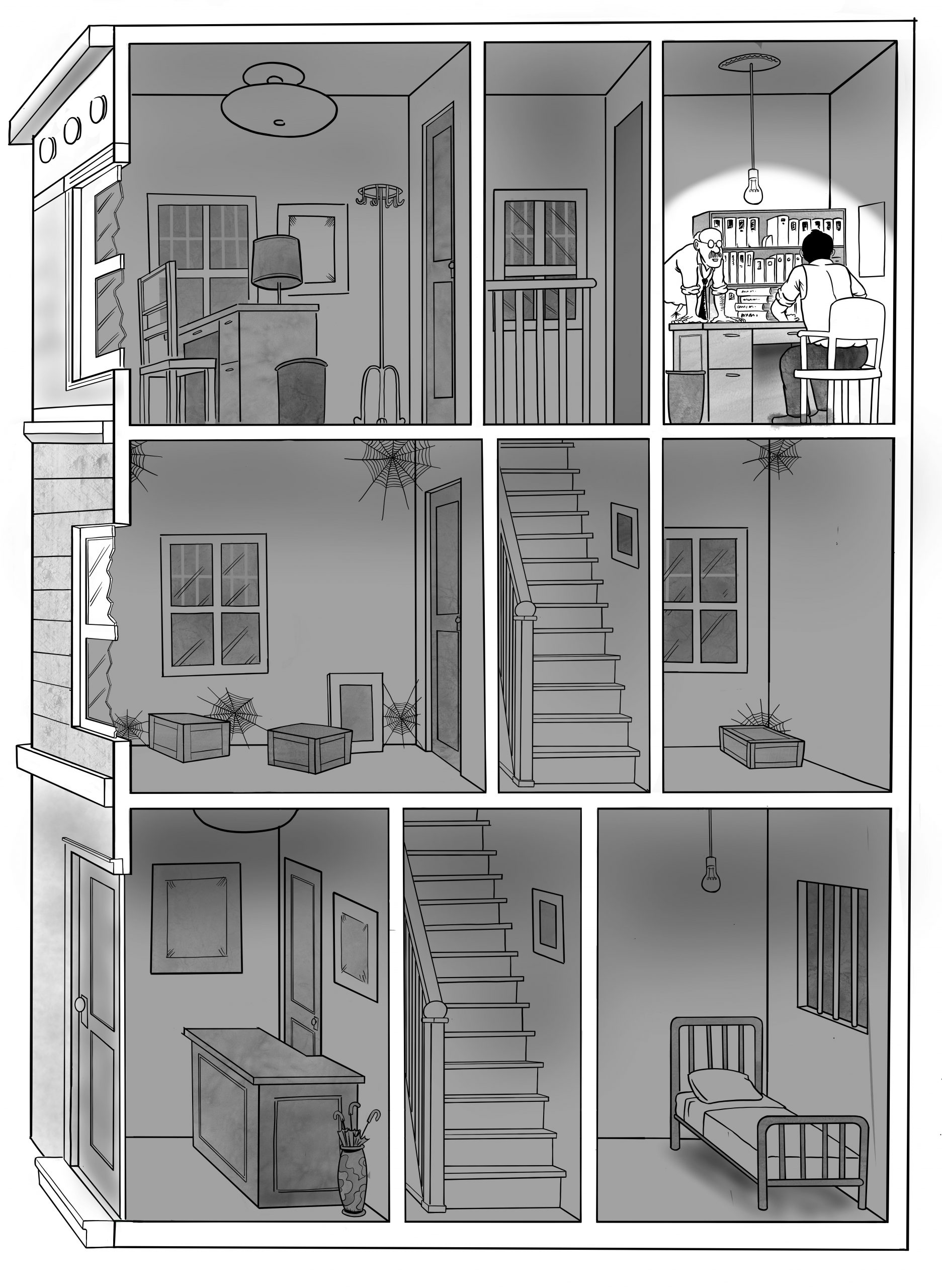 Illustrated cross-section of a three-story building with one illuminated room