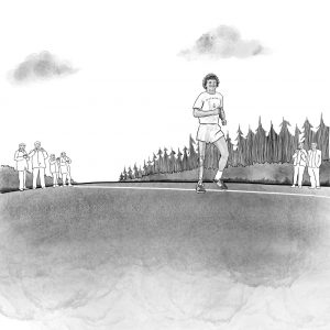 Illustration of Terry Fox running down a road towards the camera
