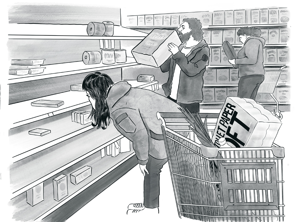 Illustration of a man and woman standing in front of empty grocery store shelves