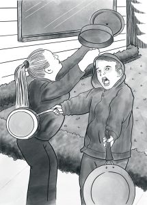 Two illustrated children banging pots and pans together outdoors
