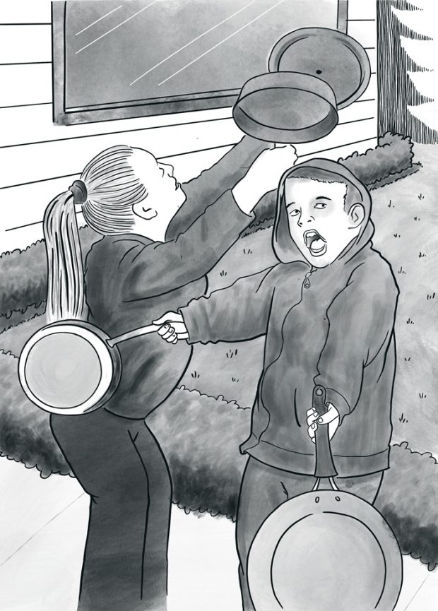 Two illustrated children banging pots and pans together outdoors